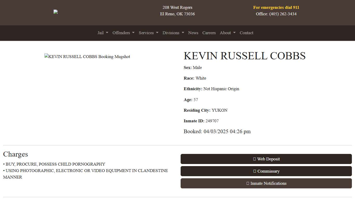 KEVIN COBBS Booked at the Canadian County Jail