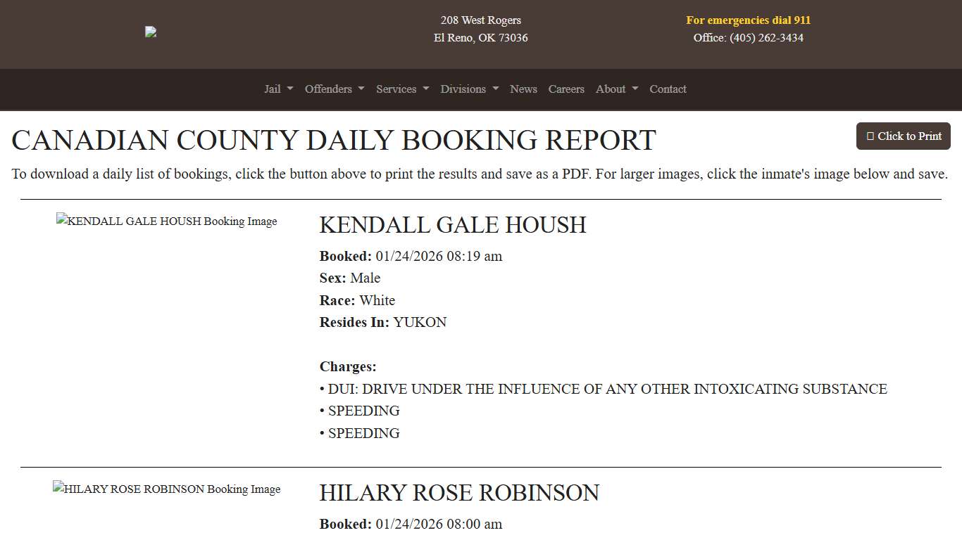 Daily Booking Report Canadian County Sheriff's Office